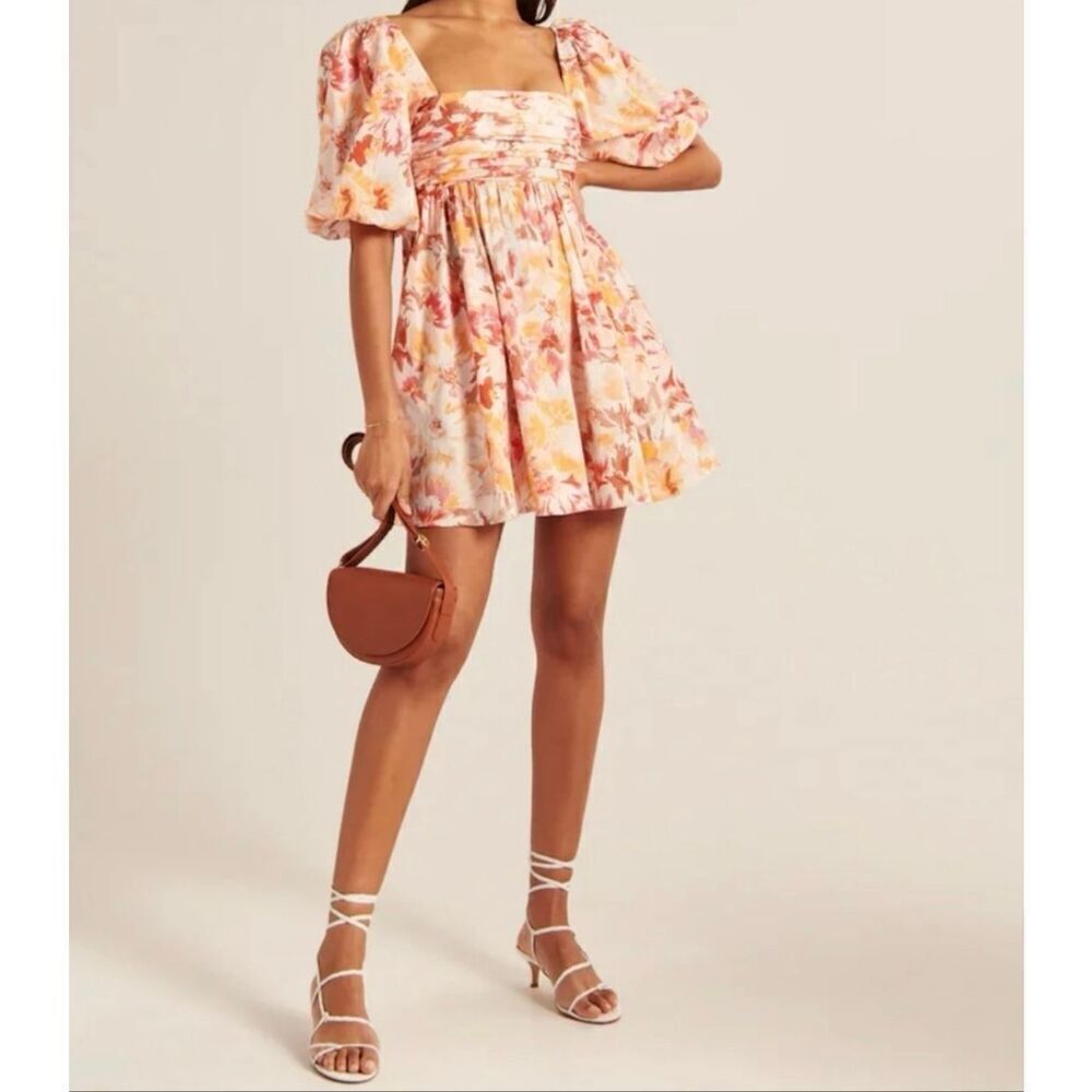 🌸 Abercrombie & Fitch Women’s Ruched Bodice Puff Sleeve Mini Dress Size XS